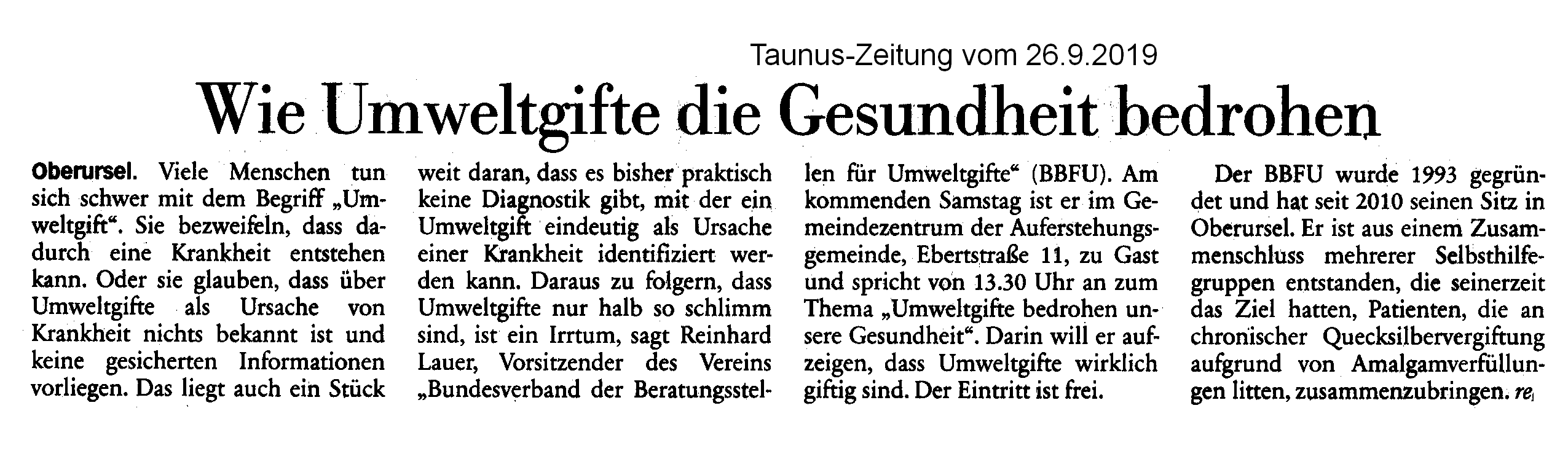 Zeitungsausschnitt vom 26.9.2019